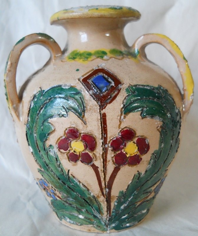 Folky Italy Pottery Vase Jug. 3 Handled. Incised Flowers Foliage