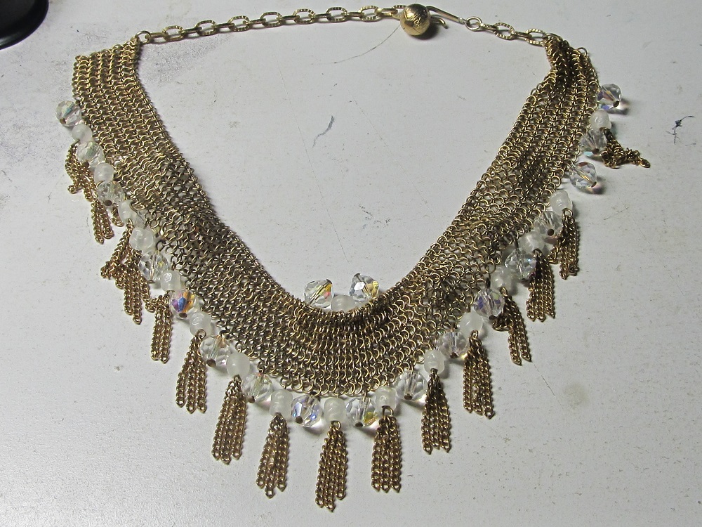 Gold metal mesh necklace with crystals Antiques Board