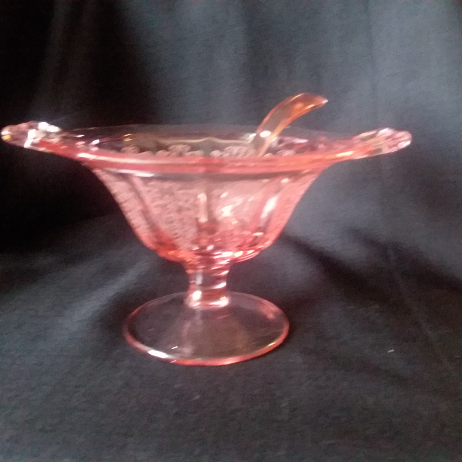 pink depression glass handled etched glass with spoon Antiques Board
