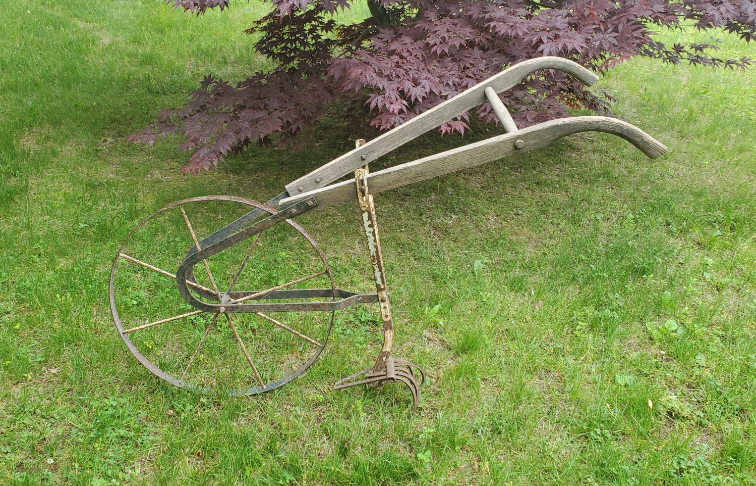 Repair? Very old Hand Plow / Cultivator, cracked arm Antiques Board