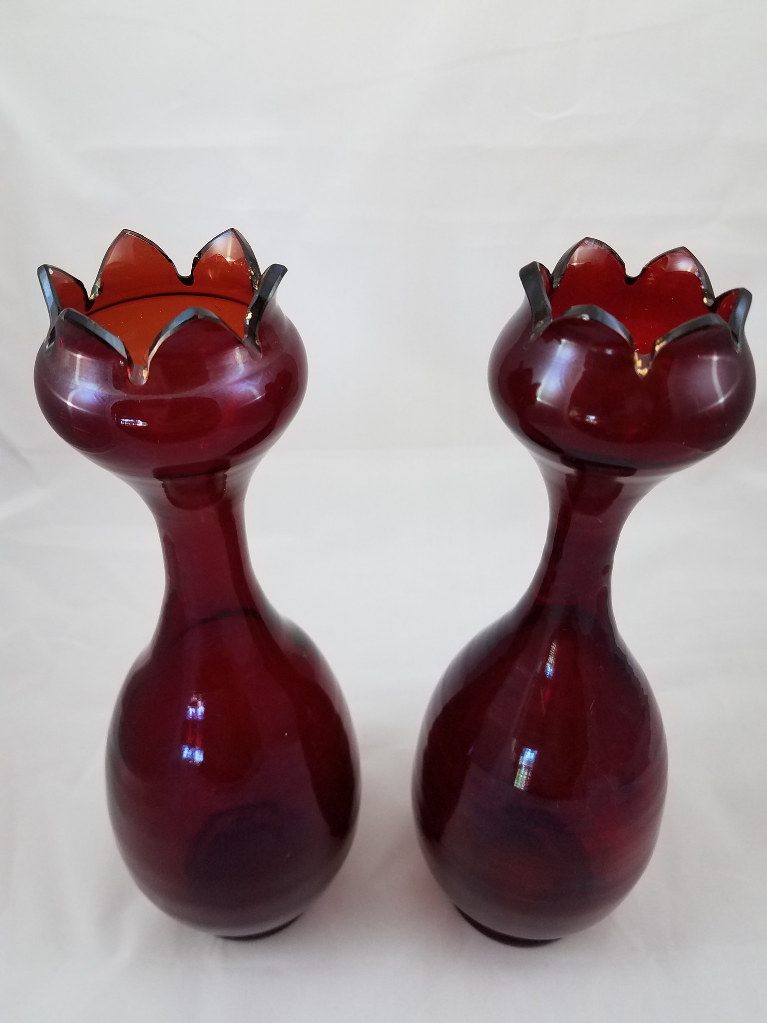 Pair of cranberry glass vases wide body narrow neck wide lip