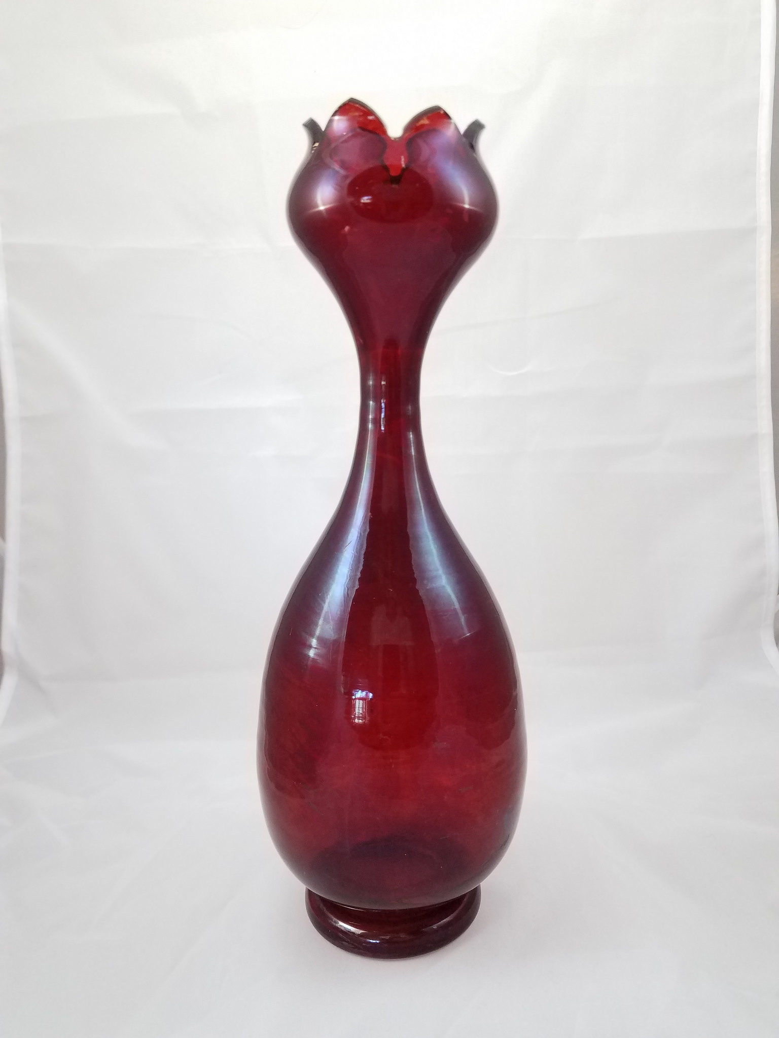 Pair of cranberry glass vases wide body narrow neck wide lip