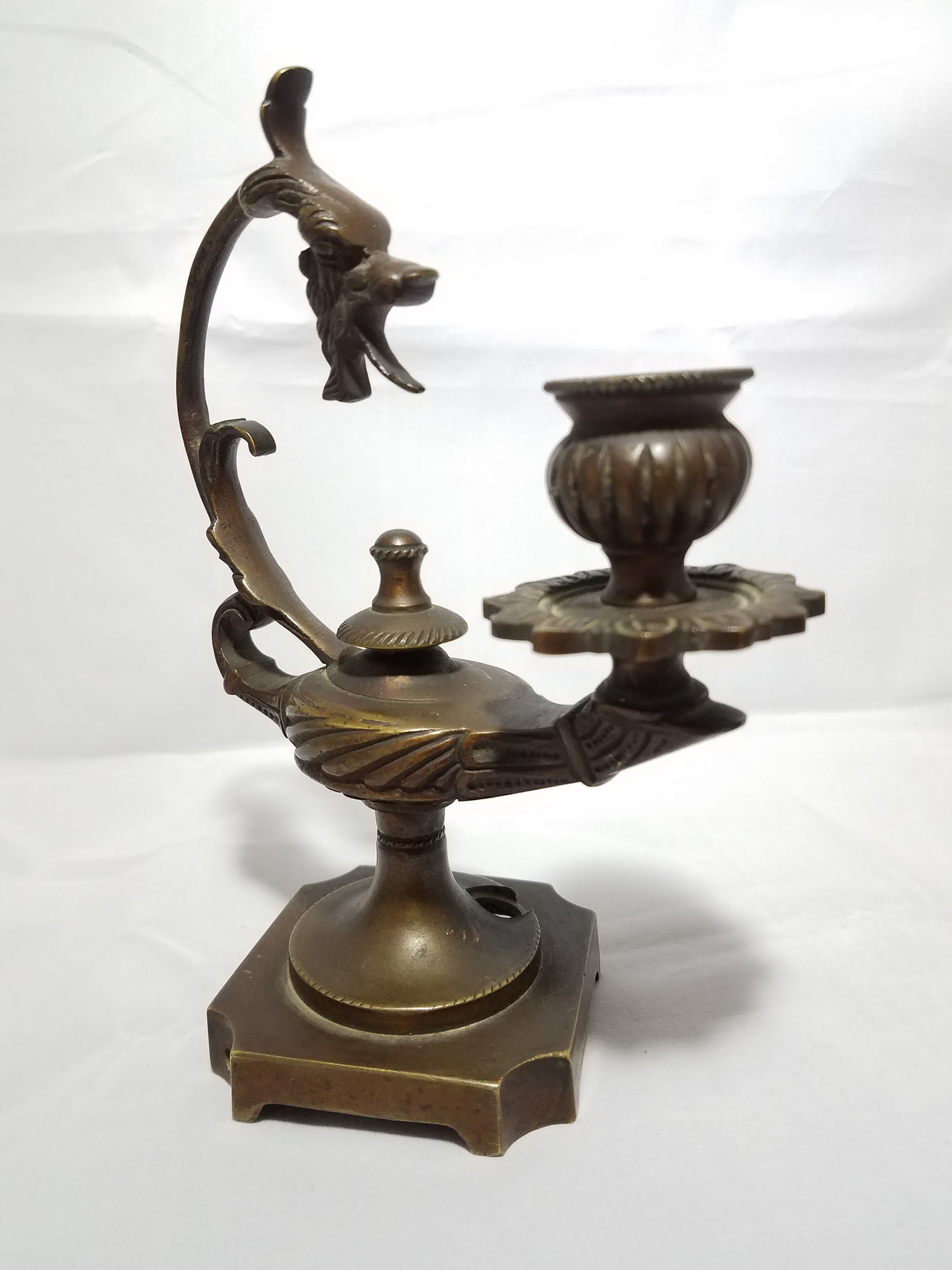 Funky bronze or brass dragon handled oil lamp candle holder lamp base