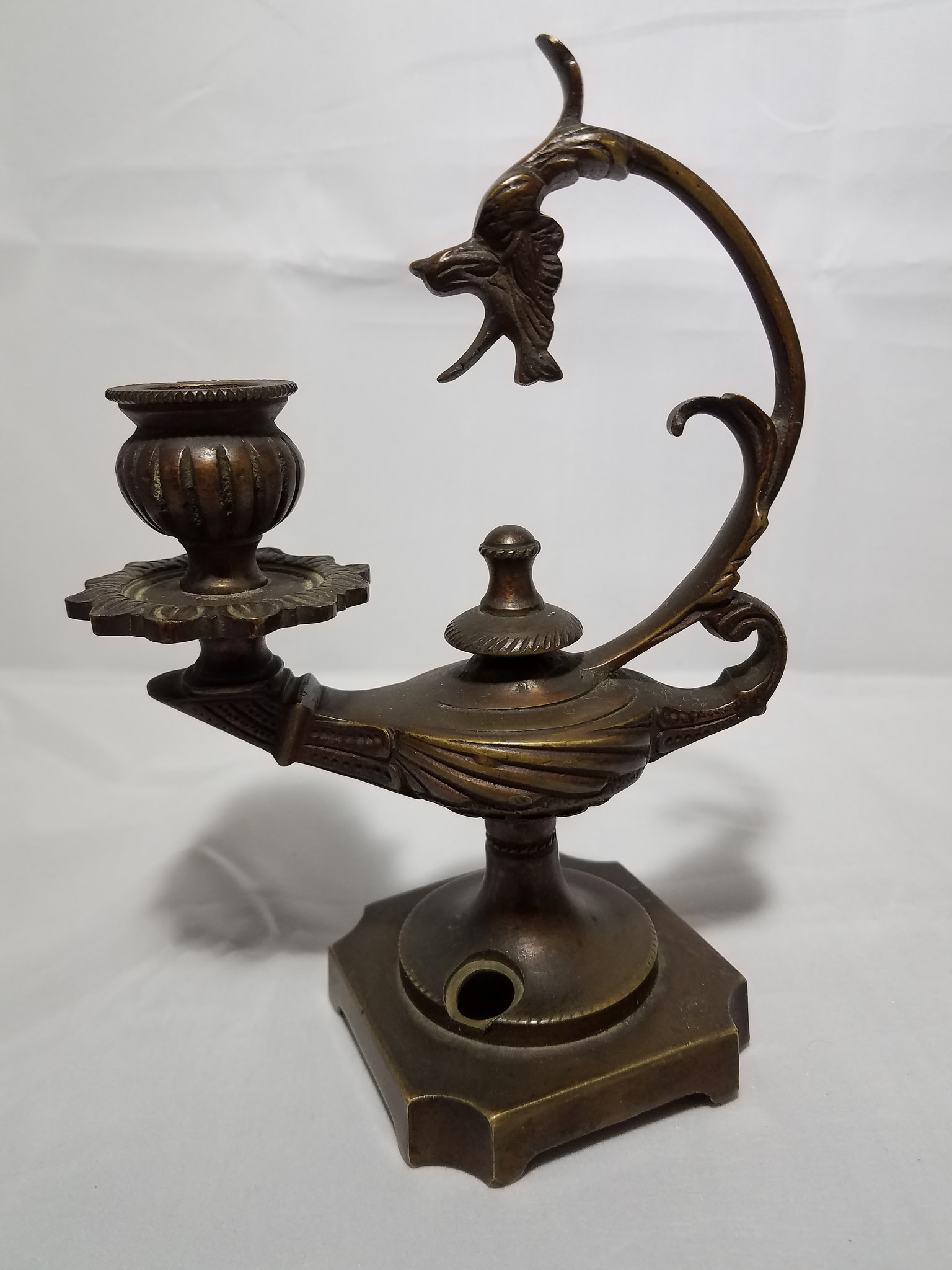 Funky bronze or brass dragon handled oil lamp candle holder lamp