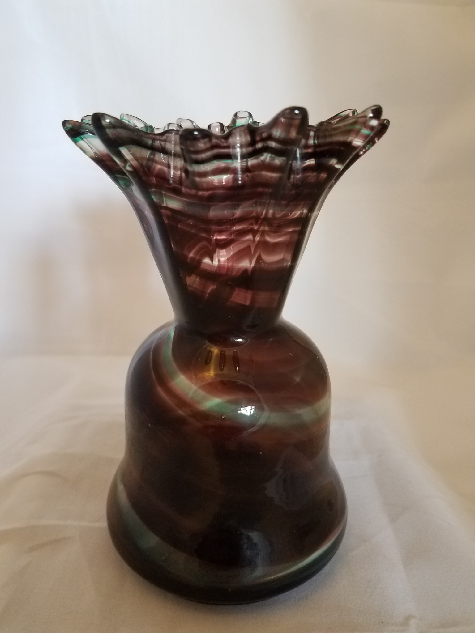 Purple and blue swirl glass vase ruffled rim bell shaped vase