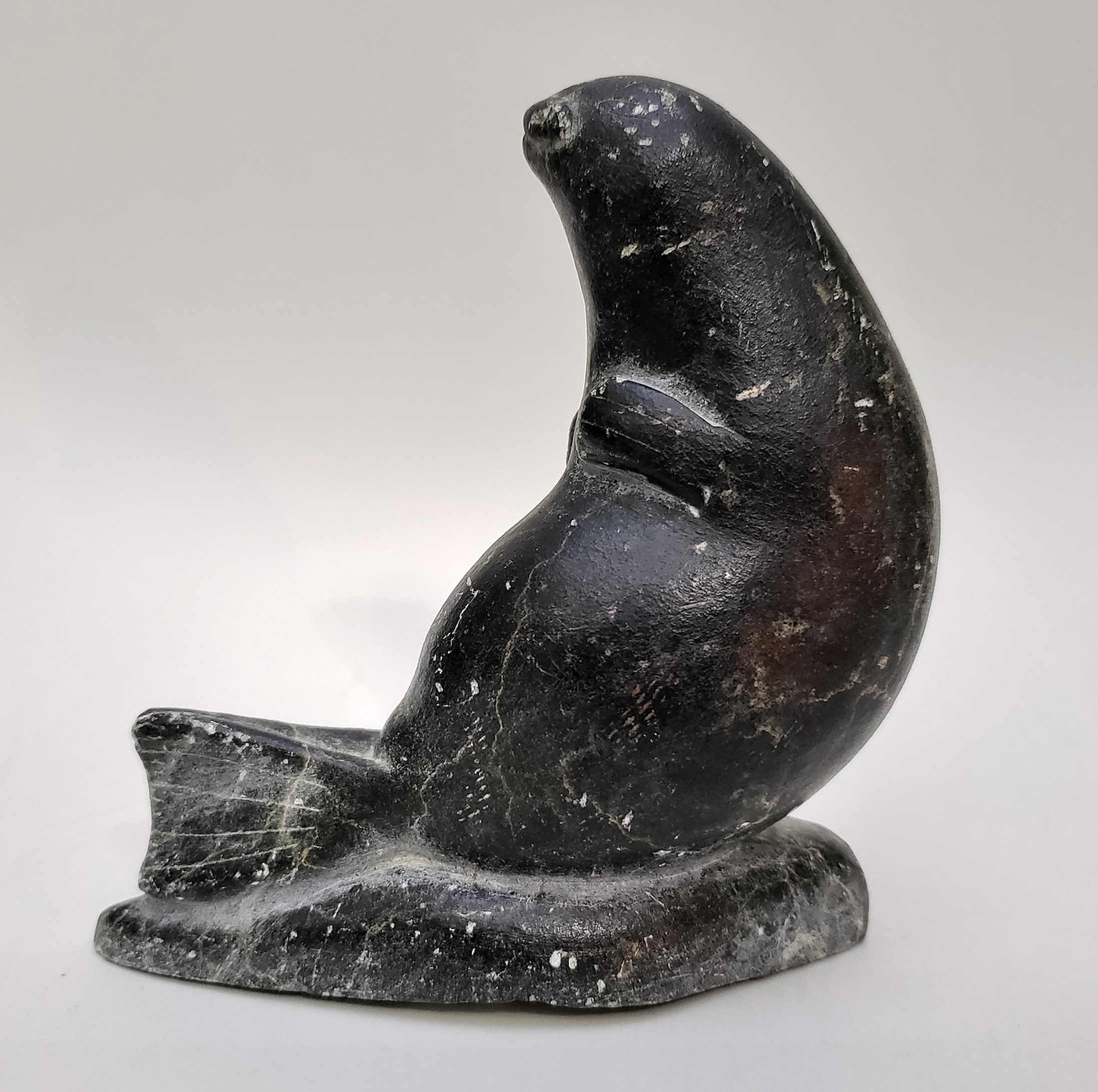Inuit Stone Carving Of Seal Signed With Disc Number And A Surprise