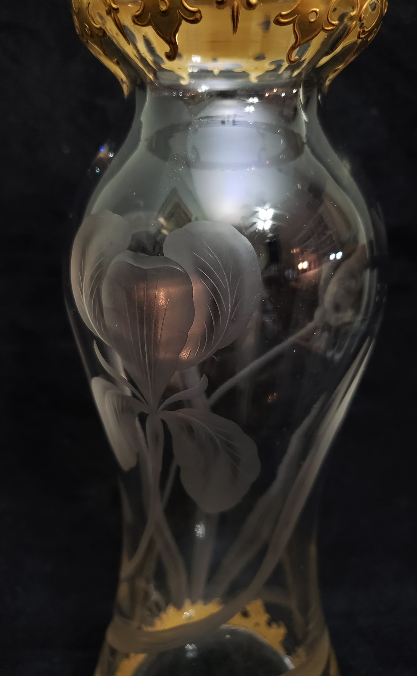 Clear glass vase gold painted trim engraved/cut irises where from