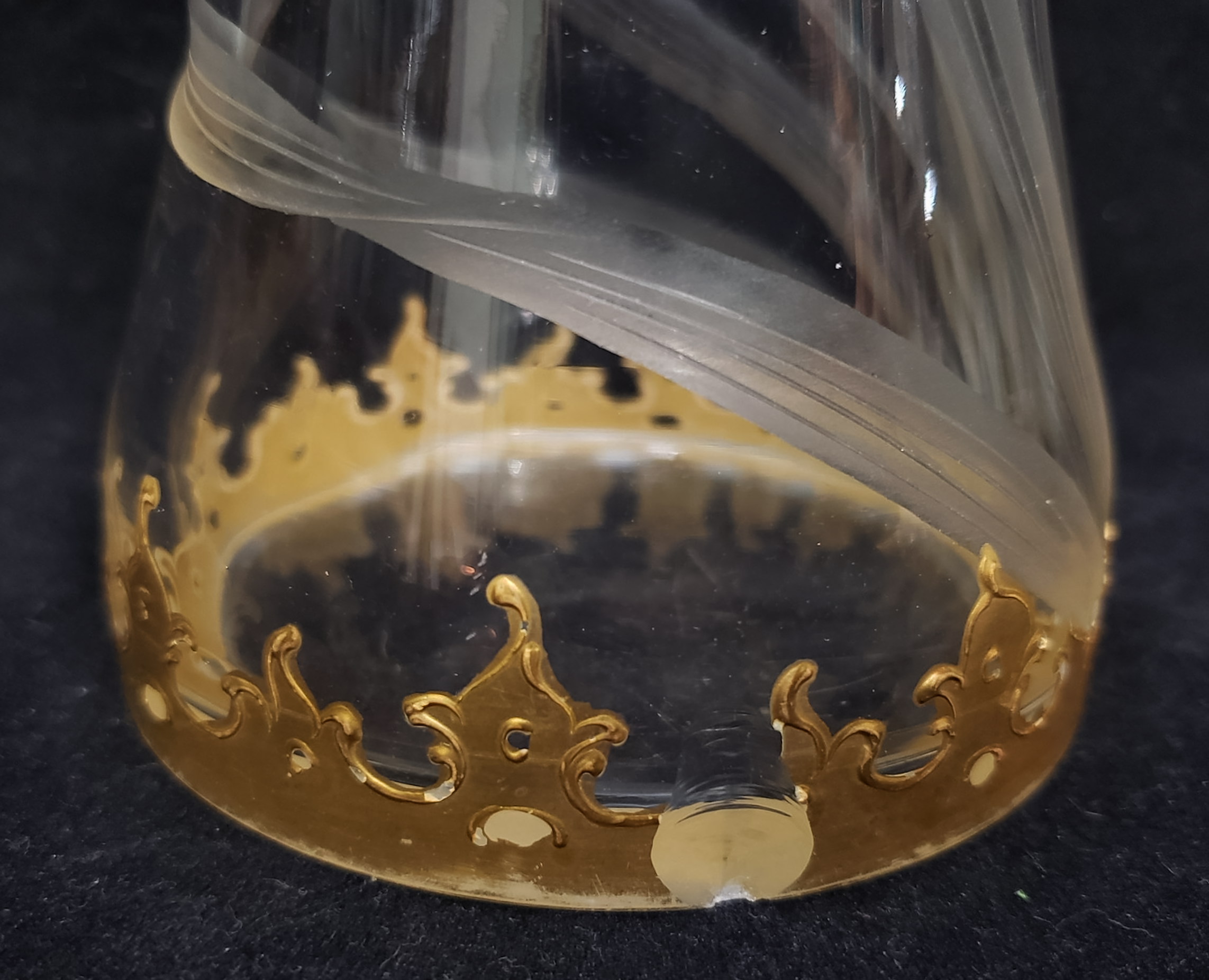 Clear glass vase gold painted trim engraved/cut irises where from