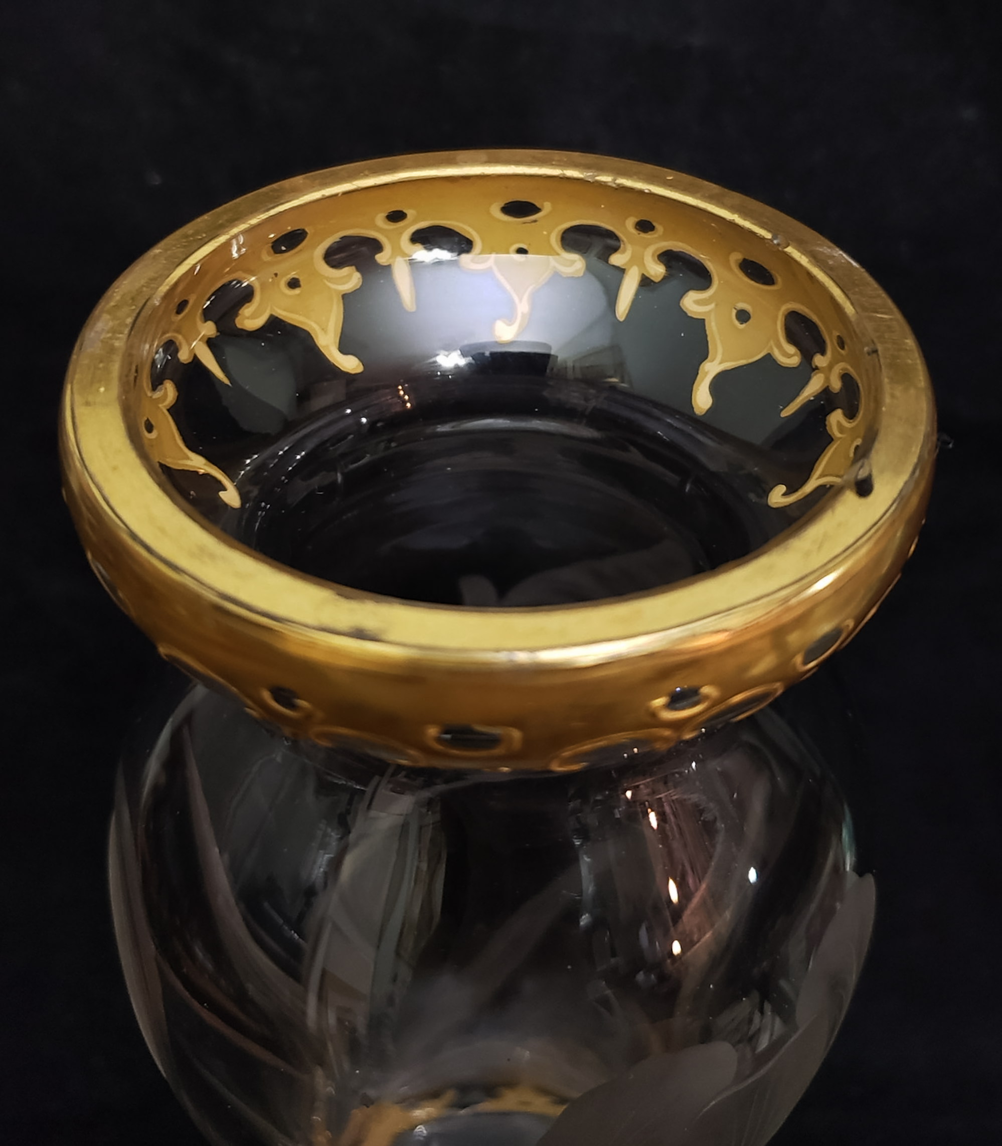 Clear glass vase gold painted trim engraved/cut irises where from