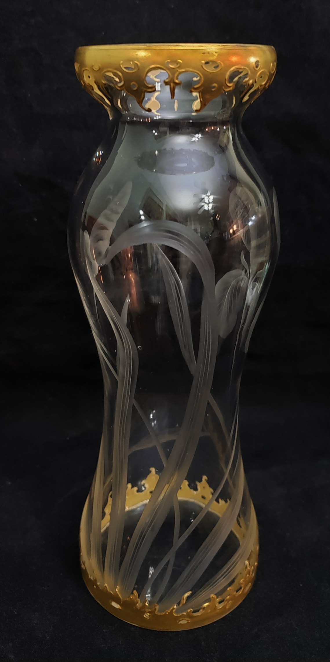 Clear glass vase gold painted trim engraved/cut irises where from