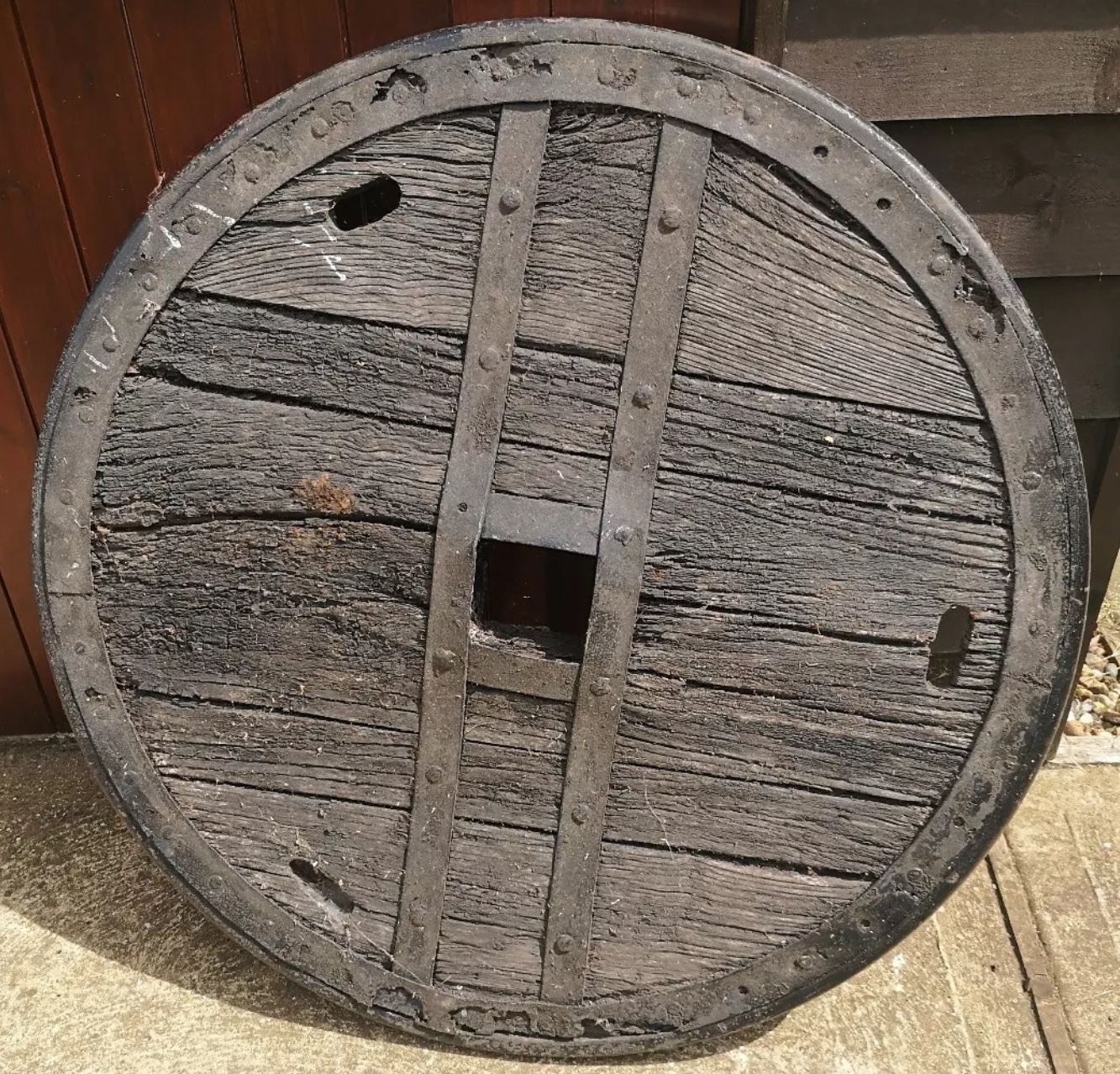 Large oak iron banded wheel any ideas? Antiques Board