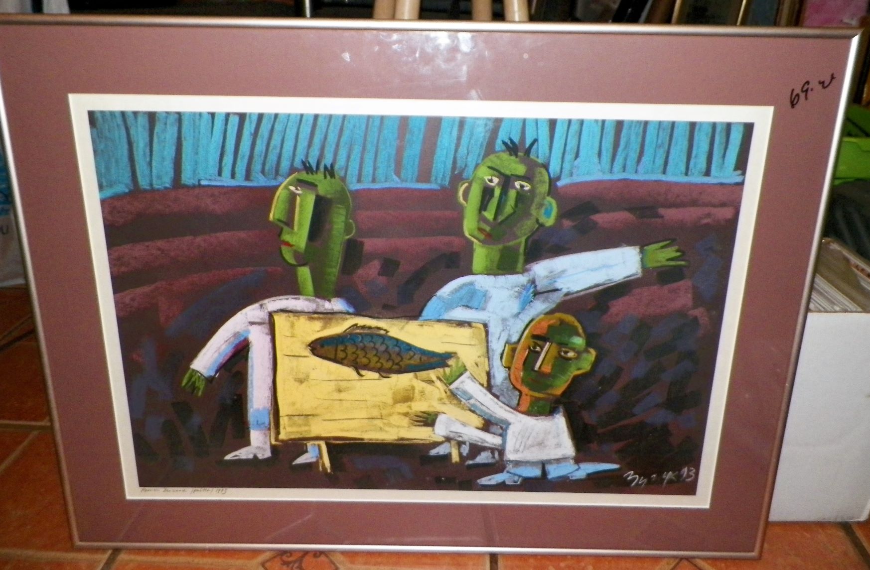 AA ART PAINTING ROMAN - ABSTRACT SURREL 3 MEN AND FISH ON PLATE 1AA.JPG