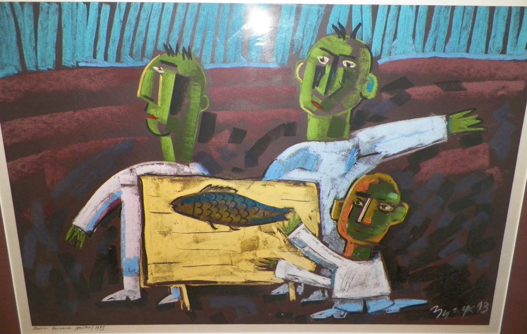 AA ART PAINTING ROMAN - ABSTRACT SURREL 3 MEN AND FISH ON PLATE 2AA.JPG