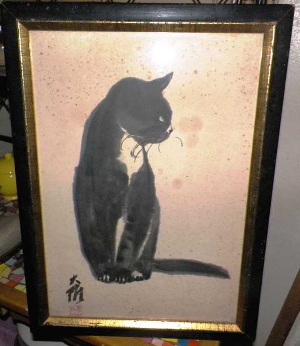 AA EBAY NEW A ART PAINTING CAT WOMAN CAT LITHOGRAPH JAPANESE ARTIST 1AA.jpg