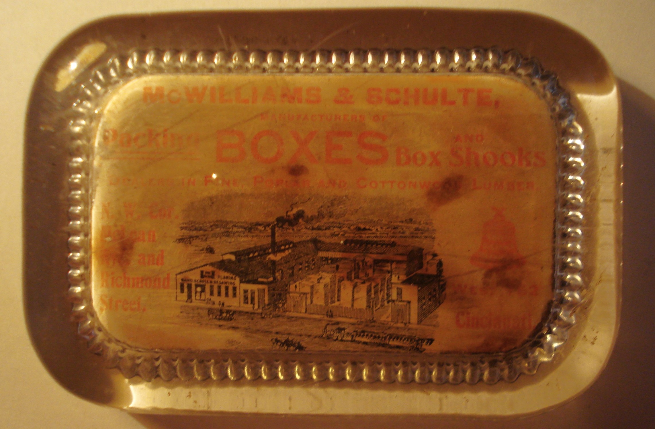 Cool antique advertising paperweight with factory Antiques Board