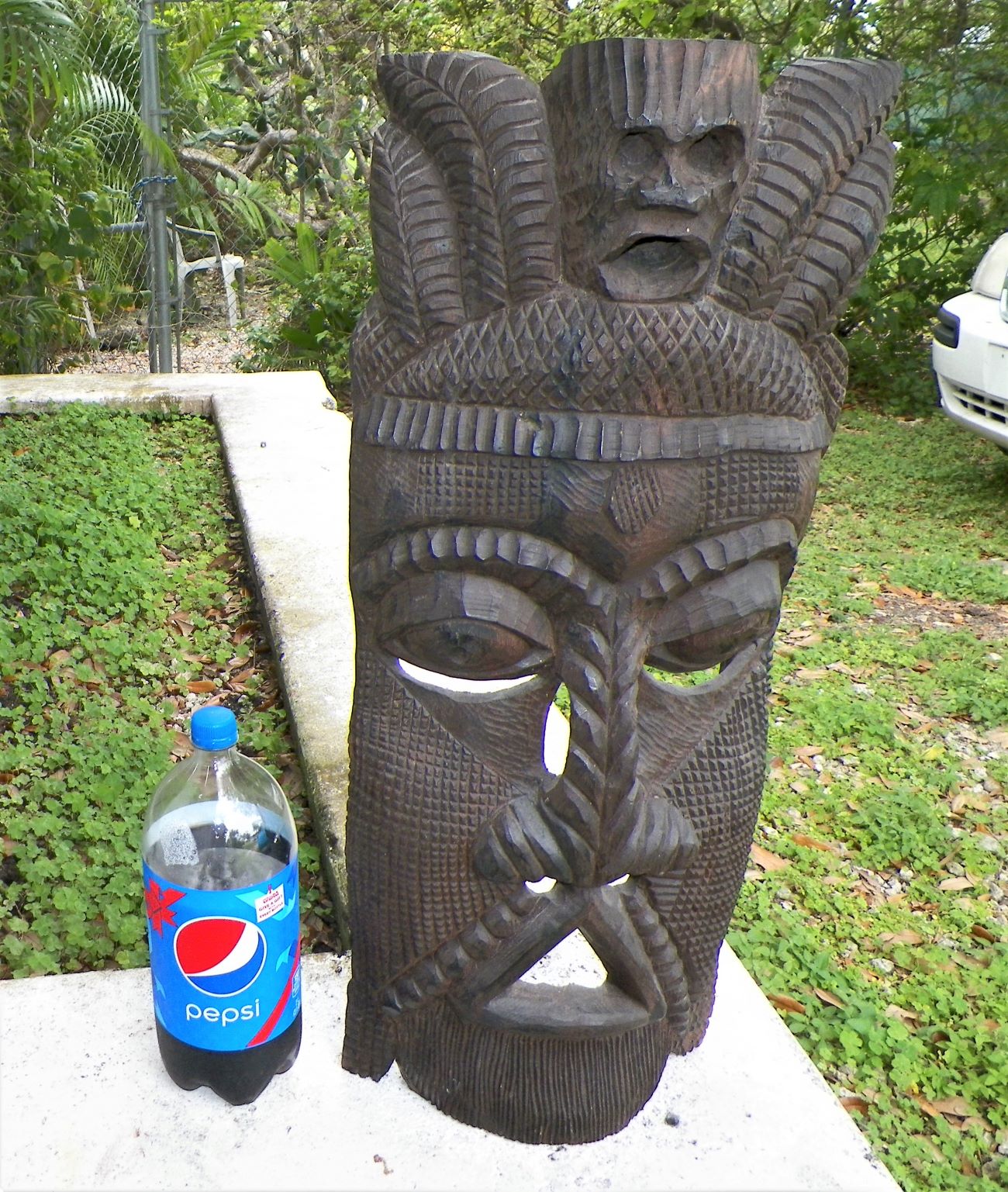 Big (27" Tall), HEAVY, Carved Wood Tiki(?) Mask? Antiques Board