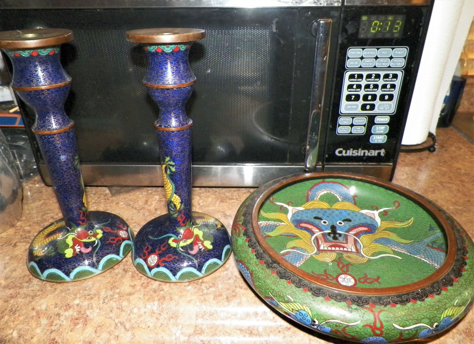 ART CLOISONNE JAPAN BOWL & CANDLE STICK HOLDERS 1AAA.JPG