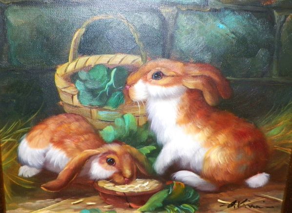 ART PAINTING ANTIQUE SMALL RABBITS 2AA.JPG