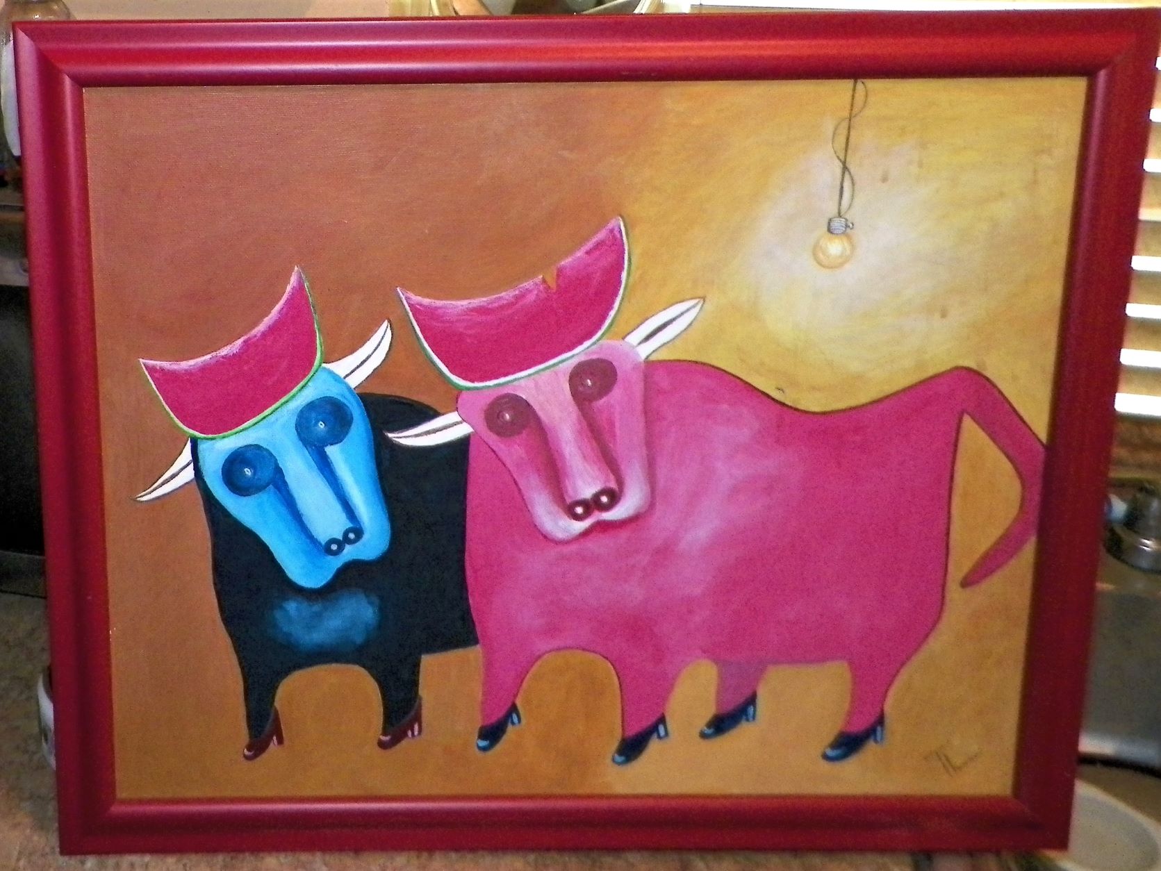 ART PAINTING BULL WATERMELON ON HEAD IN HEELS 1AA.JPG