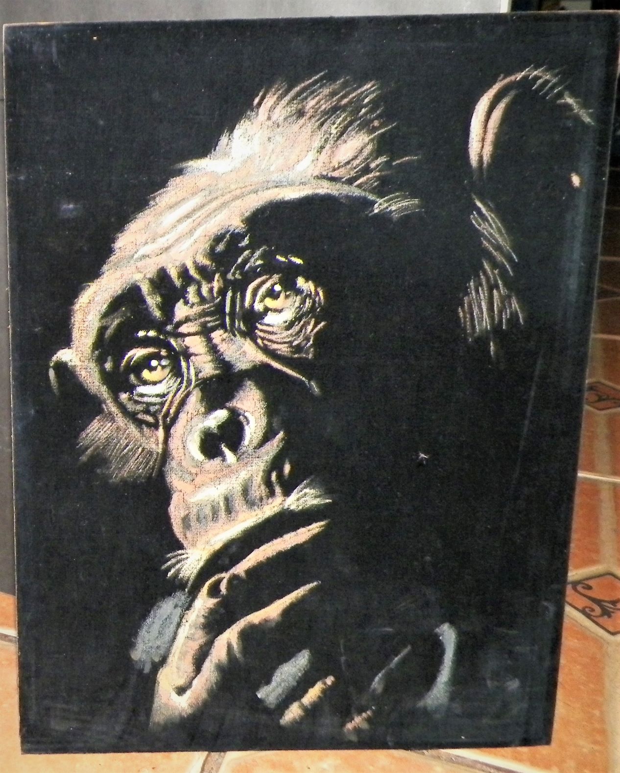 ART PAINTING CHIMPANZEE PONDERING ON VELVET PAINTING 1AA.JPG