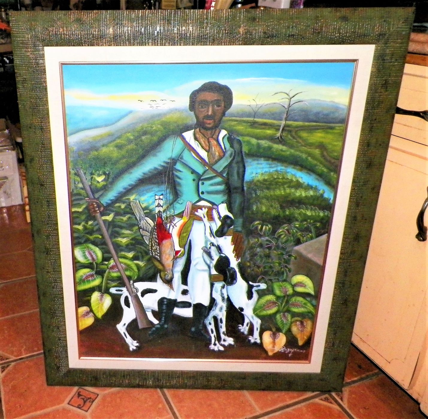 ART PAINTING HAITIAN AUGSTE RV HUNTER WITH DOGS 1AA.JPG