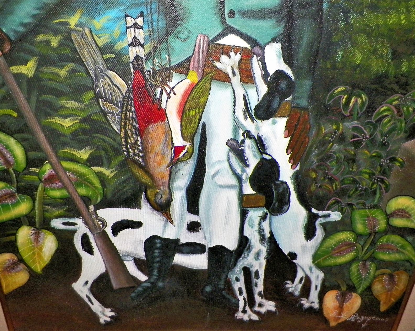 ART PAINTING HAITIAN AUGSTE RV HUNTER WITH DOGS 3AA.JPG