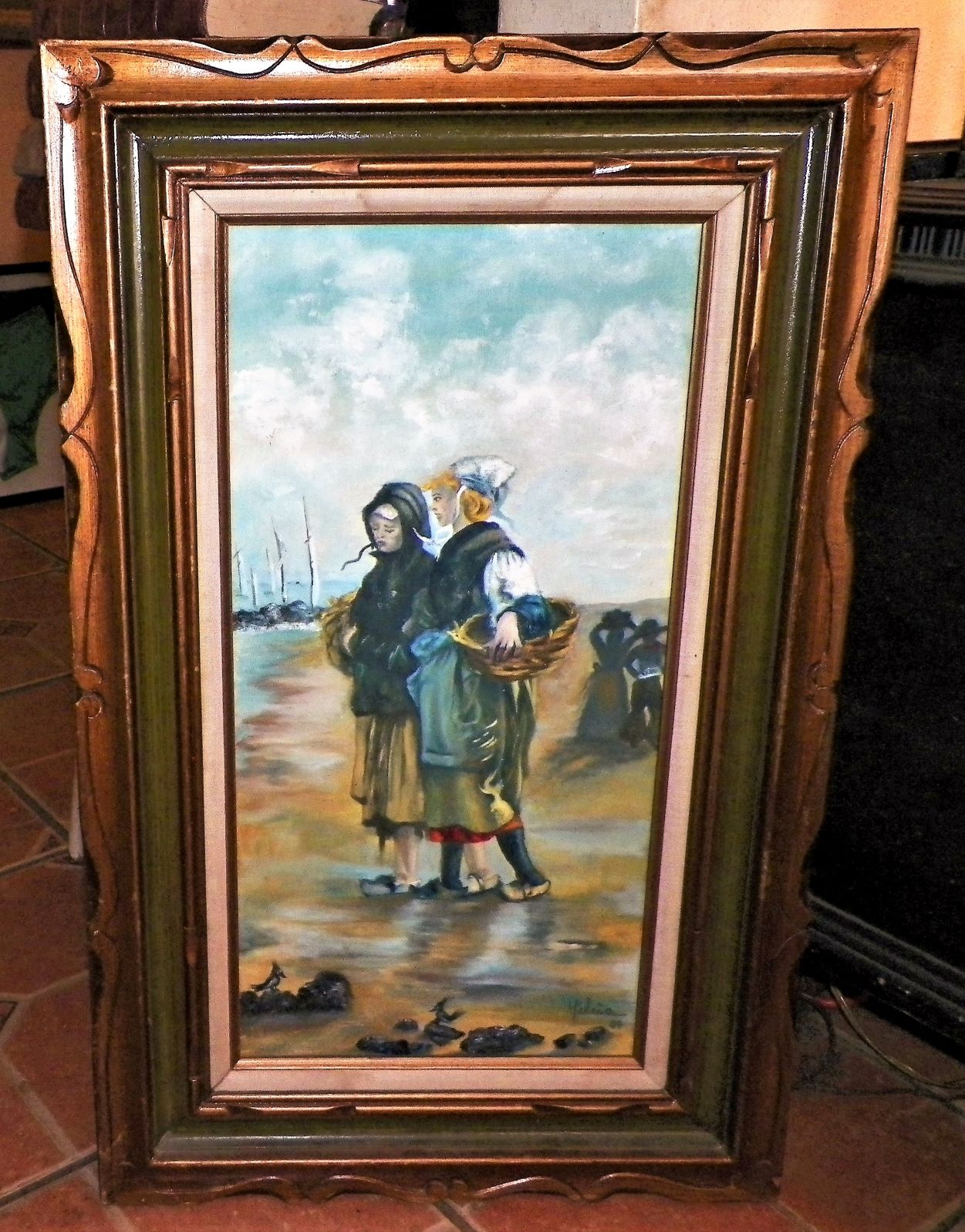 ART PAINTING HELCIA THRIFT STORE FIND 2 LADIES ON BEACH 1AA.JPG