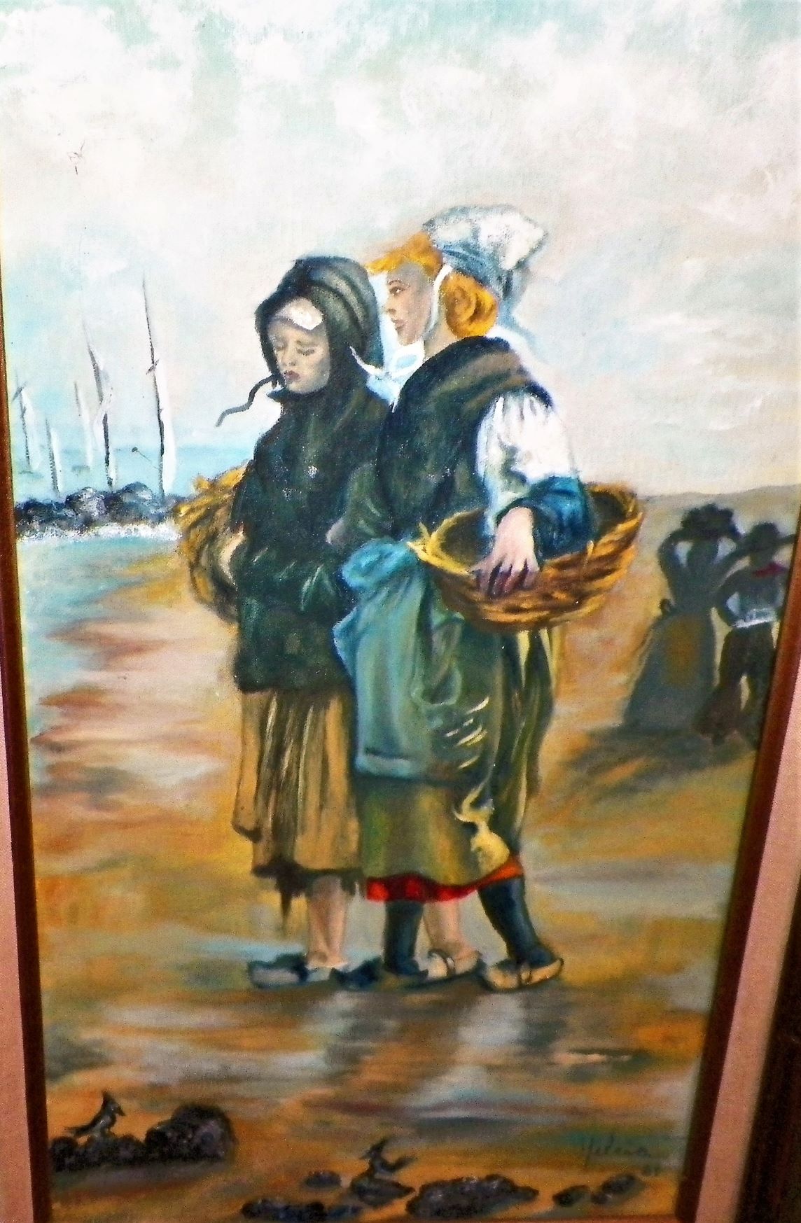 ART PAINTING HELCIA THRIFT STORE FIND 2 LADIES ON BEACH 2AA.JPG