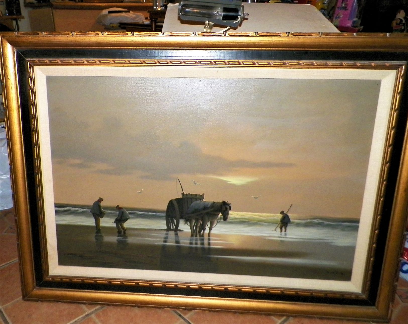ART PAINTING HORSE AND WAGON CLAMMING ON BEACH 1AA.JPG