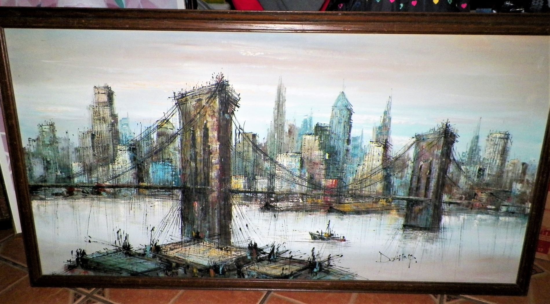 ART PAINTING REBECCA MID CENTURY MODERN LARGE NY BRIDGE SCENE 1AA.JPG