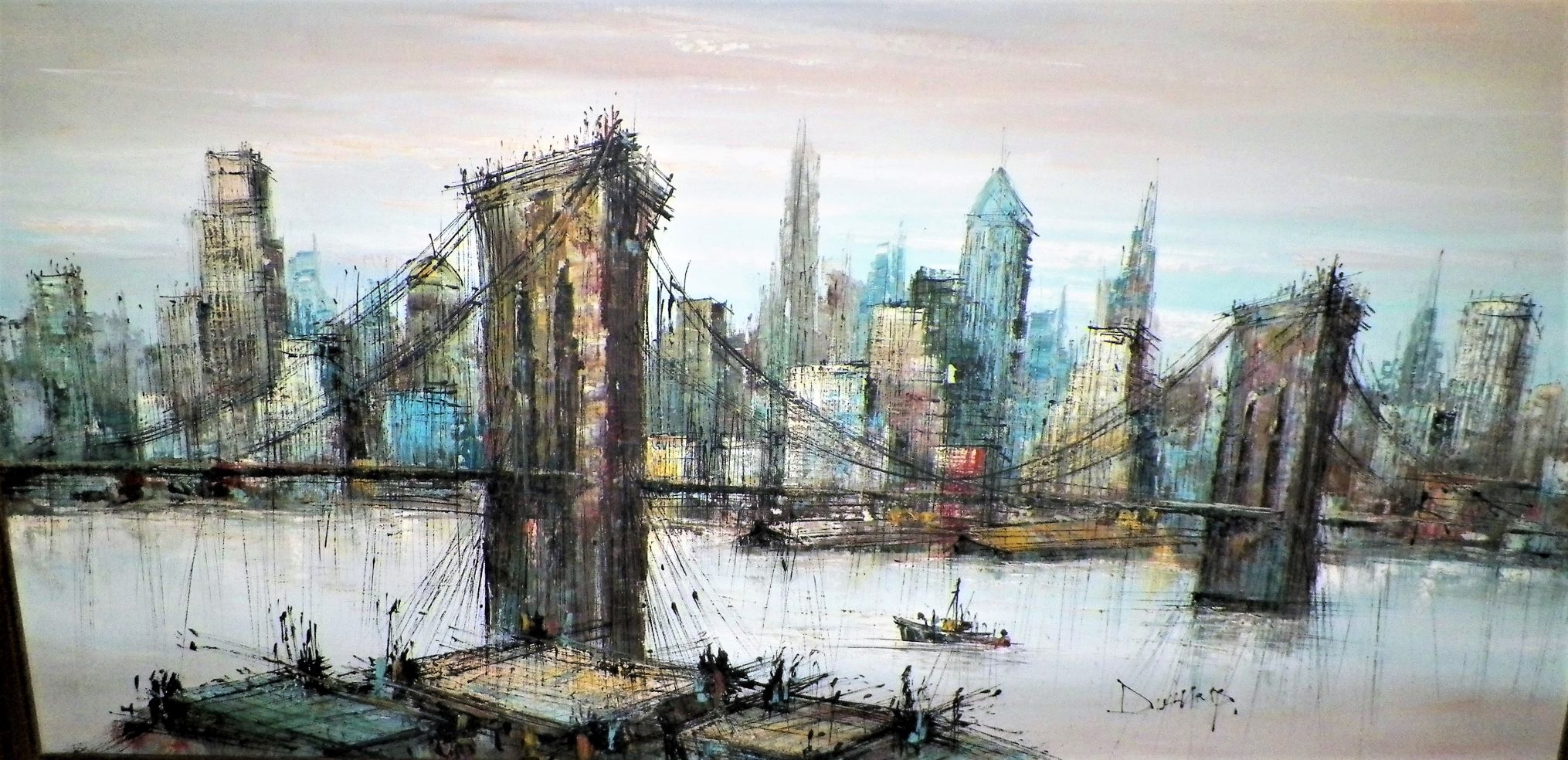 ART PAINTING REBECCA MID CENTURY MODERN LARGE NY BRIDGE SCENE 2AA.JPG