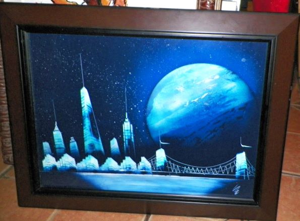 ART PAINTING SCI FI MOON CITYSCAPE BLUE 1AA.JPG