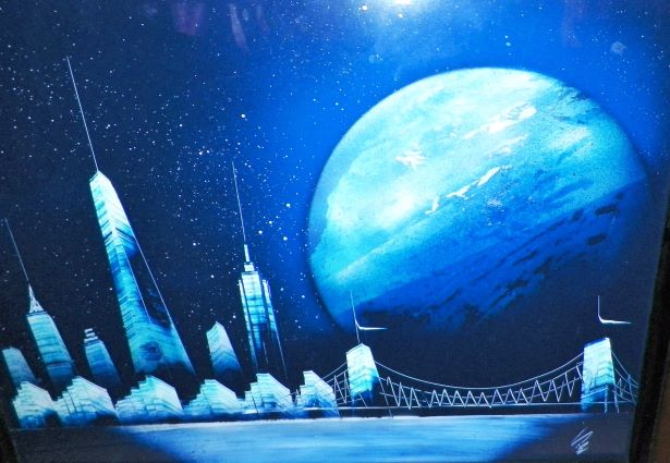 ART PAINTING SCI FI MOON CITYSCAPE BLUE 2AA.JPG