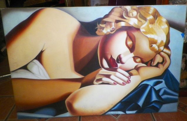 ART PAINTING SLEEPING LADY DECO ERA LOOKING 1AAA.JPG