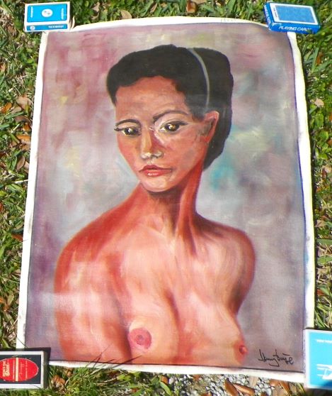 ART PAINTING THRUFT FIND UNFRAMED NUDE TAHITI WOMAN 1AAA.JPG