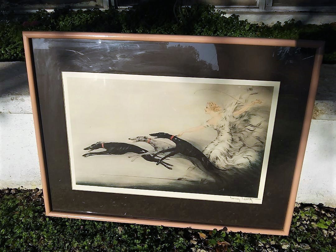 ART PRINT LOUIS ICARTE LADY WALKING 3 DOGS GREYHOUNDS 1AA.jpg