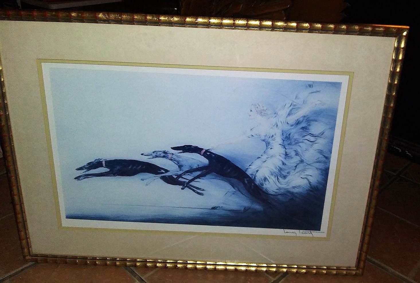 ART PRINT LOUIS ICARTE LADY WALKING 3 DOGS GREYHOUNDS BLUE 1AA.jpg