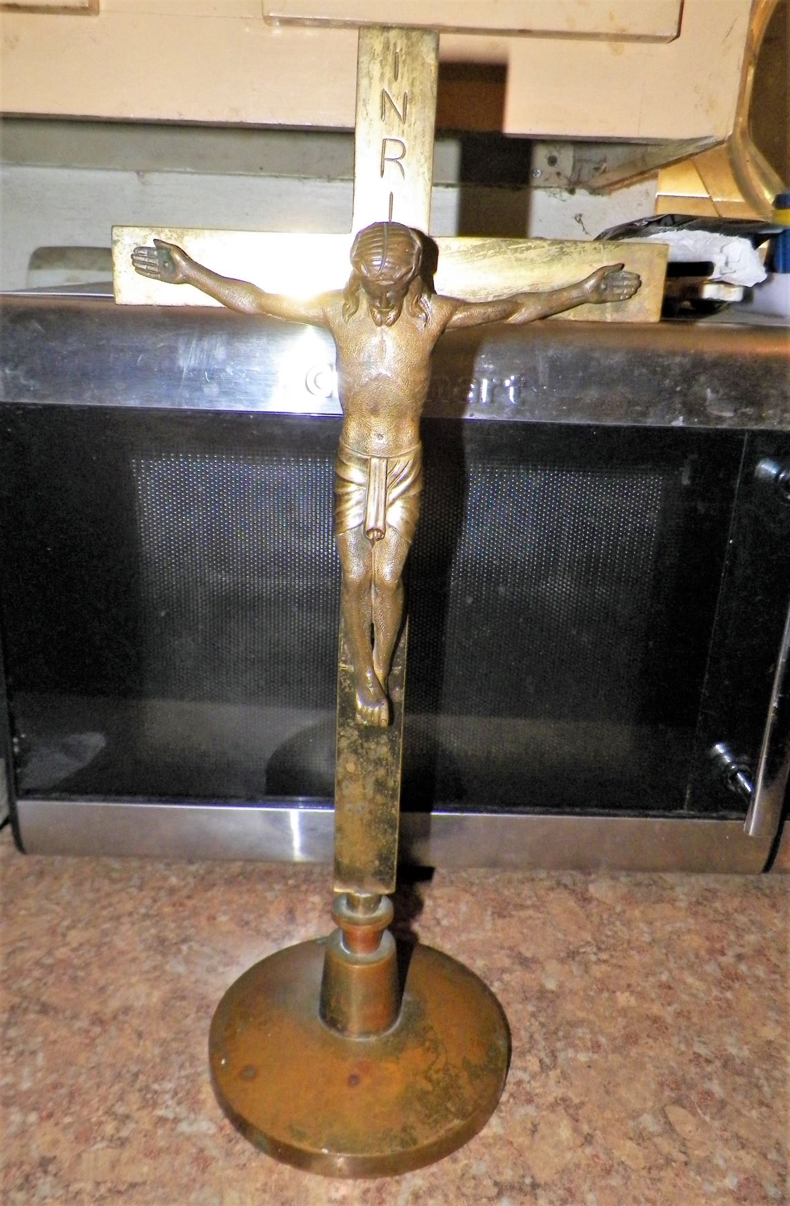 Antique brass? bronze? Christ crucified on cross on stand w/unusual ...