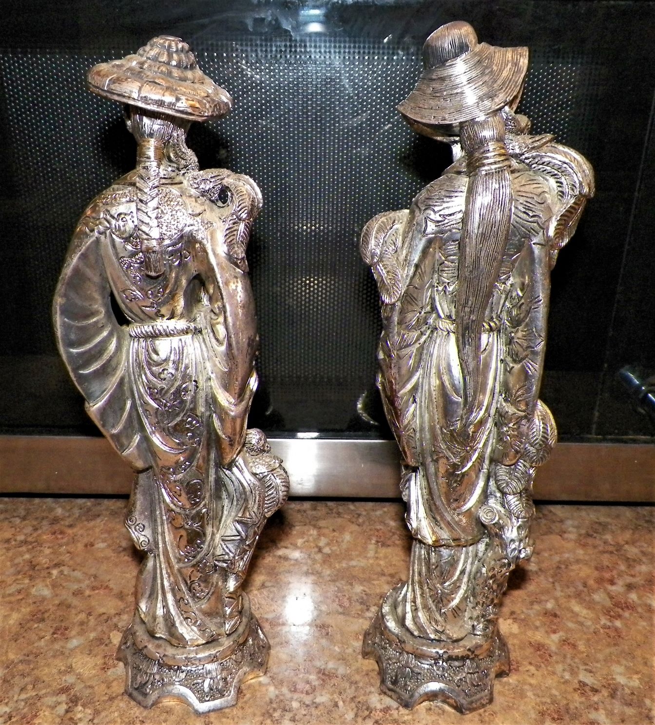 WHO MADE THESE - SILVER & GOLD (BRASS?) ORIENTAL MAN & WOMAN FIGURES ...