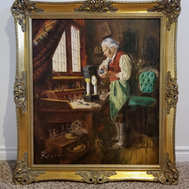 Clock Maker Oil Painting Antiques Board