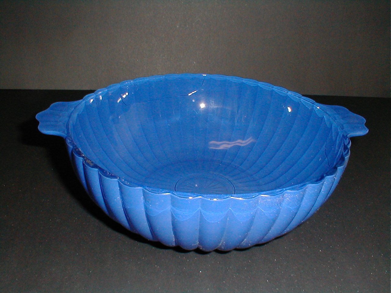 Blue Fired On Ribbed Depression Glass Bowl w Tab Handles Antiques Board