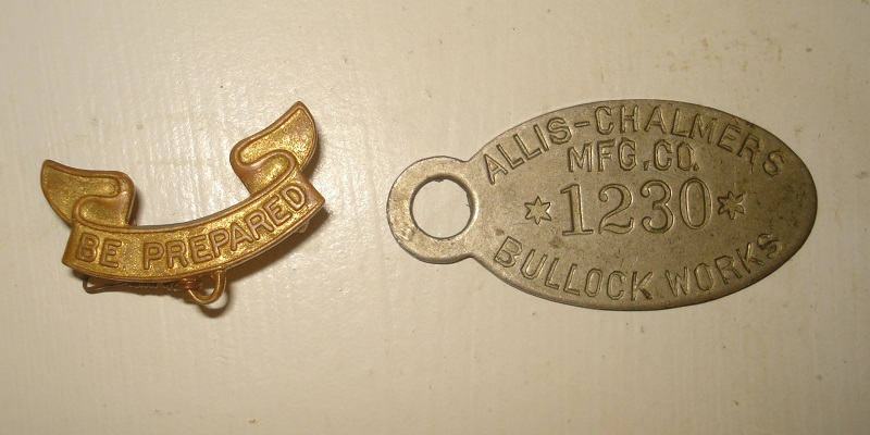 boy scouts of america pin 1911 and Allis Chalmers employee tag.jpg