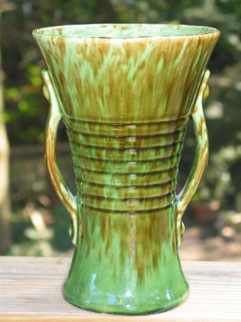 Brush McCoy Pottery mid century Vase green sienna onyx mottled brown handled vase 579 8 USA.jpg