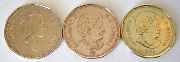 Canada Dollar Coin Looney 3 Three Colors Colours June2015.jpg