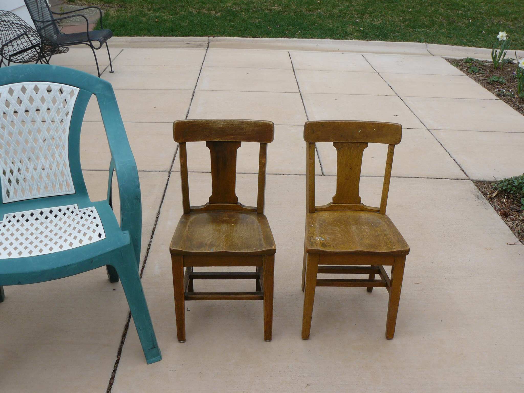 2 small solid wood school chairs 1940's(? )"Property City