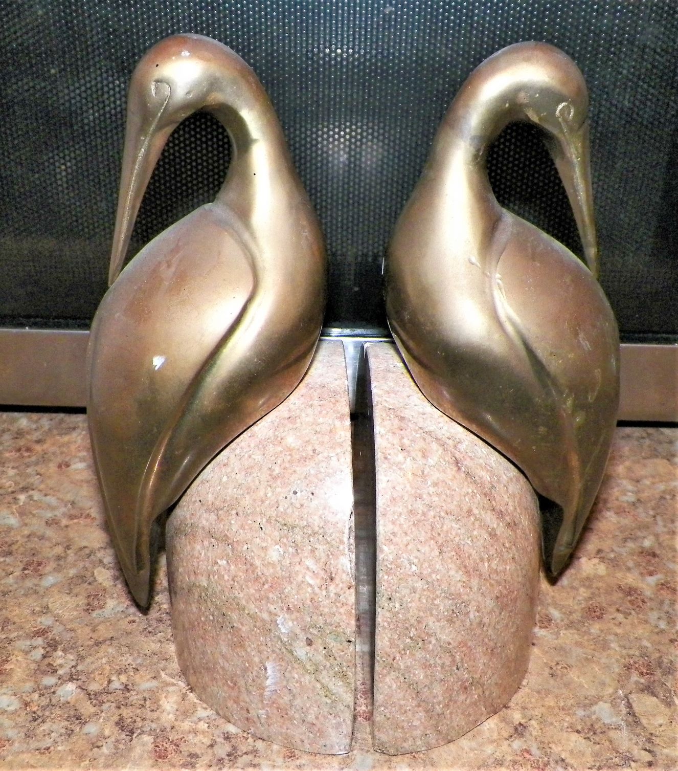 COLLECTIBLE BOOKENDS BIRD BRONZE CRANE ON STONE 1AA.JPG