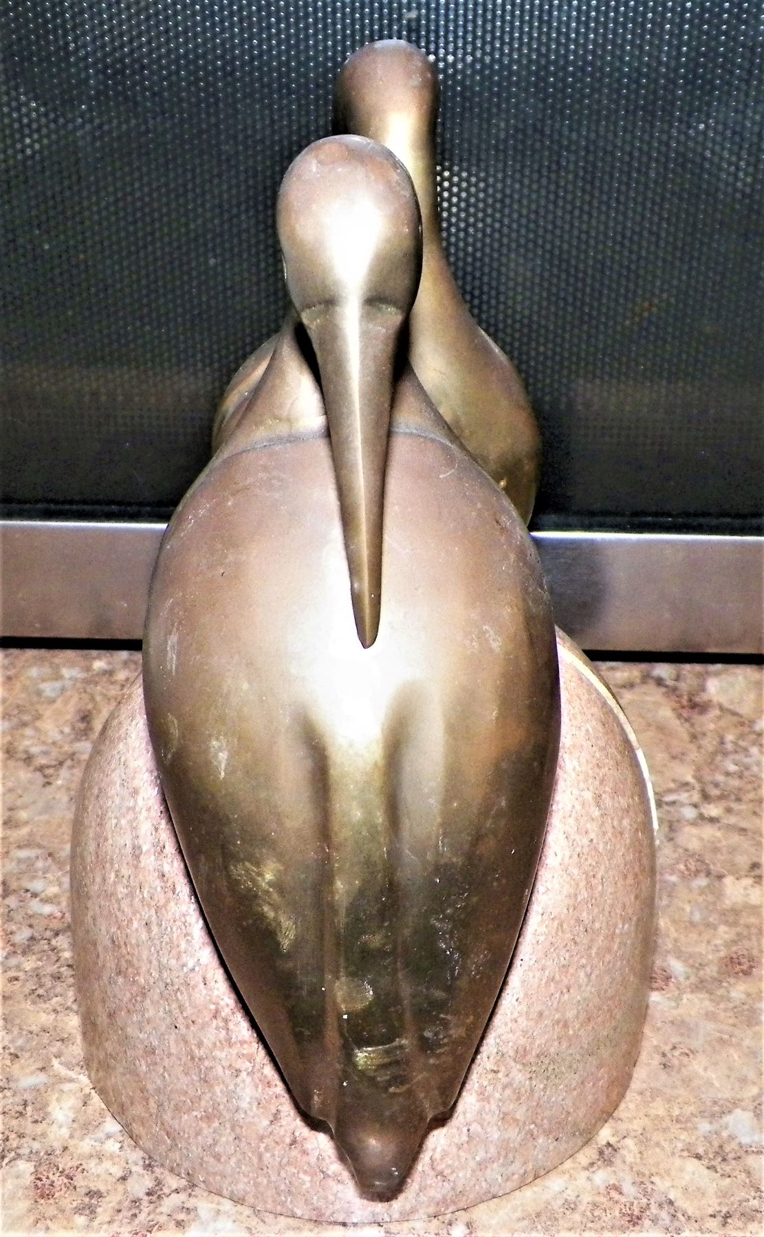 COLLECTIBLE BOOKENDS BIRD BRONZE CRANE ON STONE 2AA.JPG