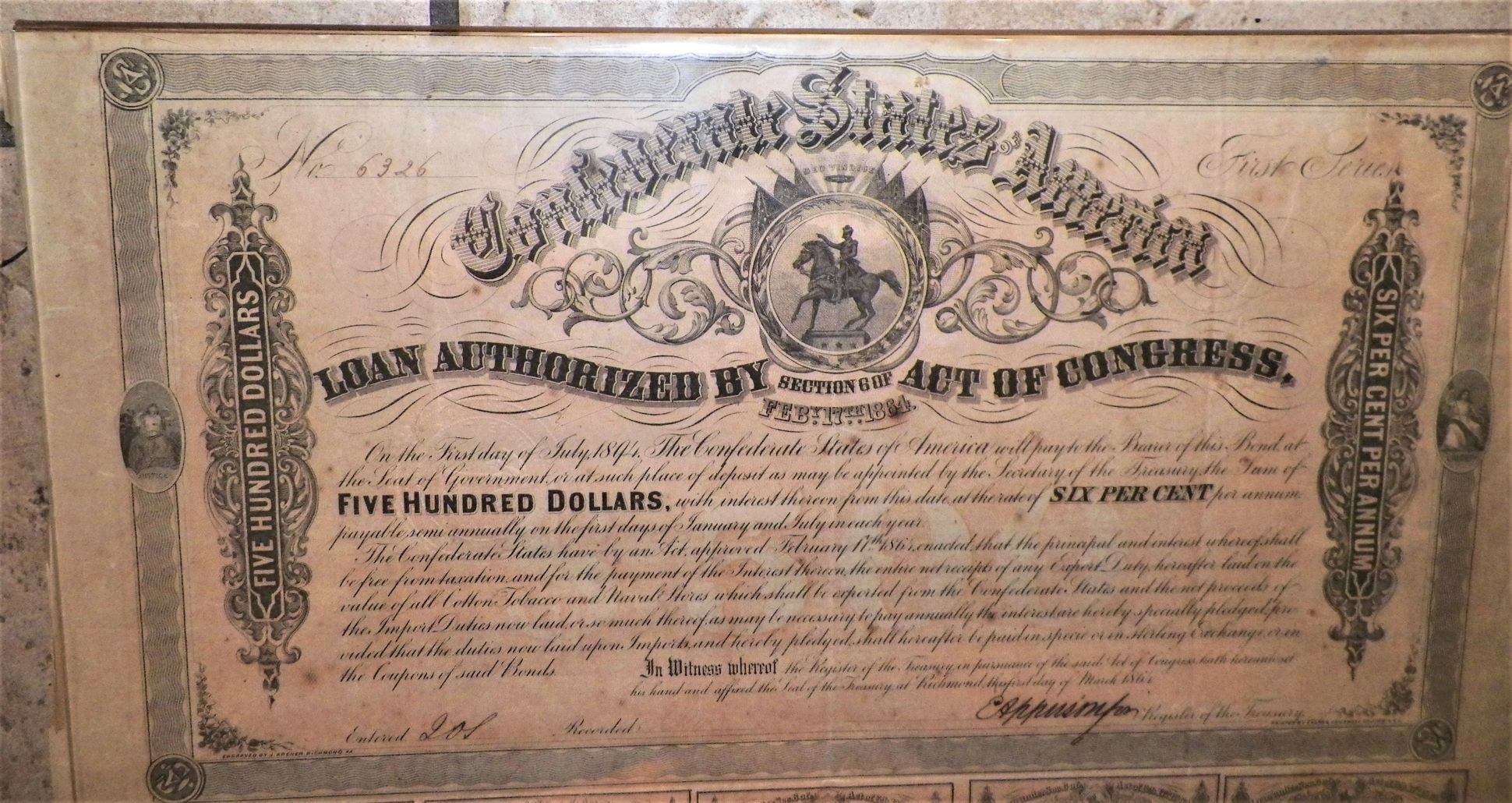 1864 500 CONFEDERATE BOND COUPON SHEET Antiques Board