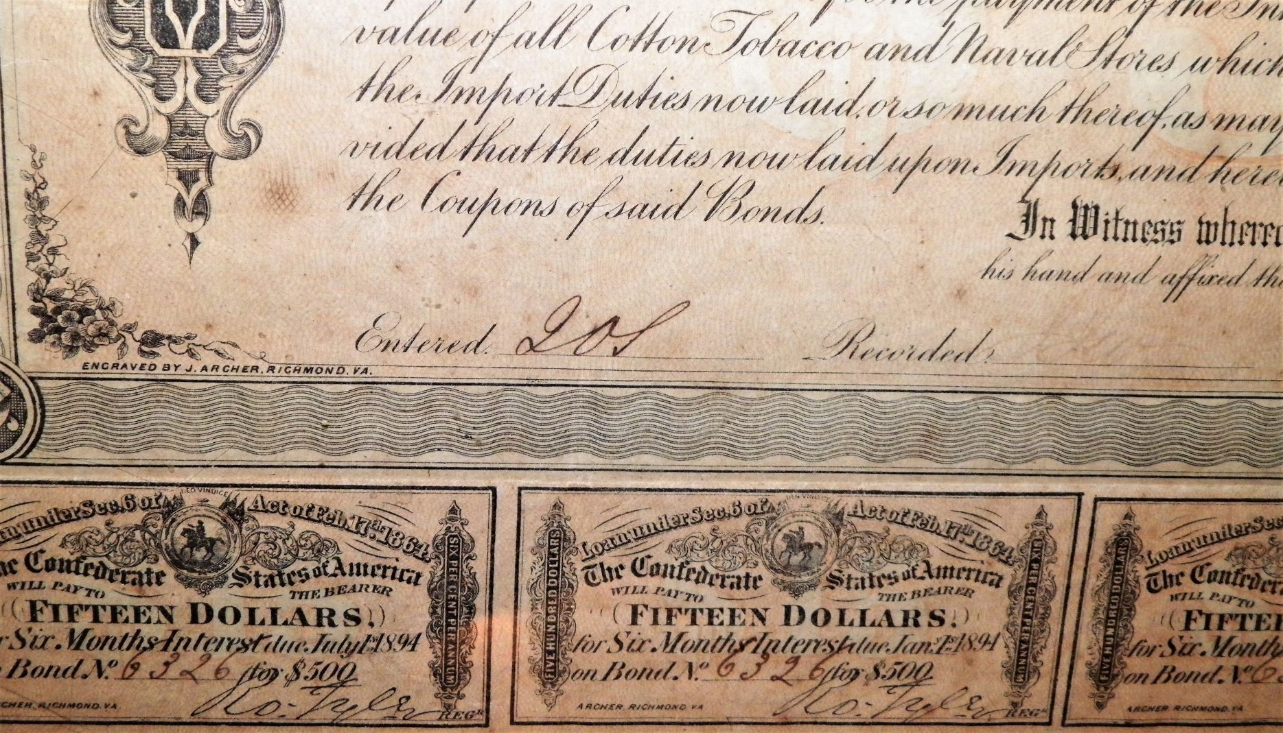 1864 500 CONFEDERATE BOND COUPON SHEET Antiques Board