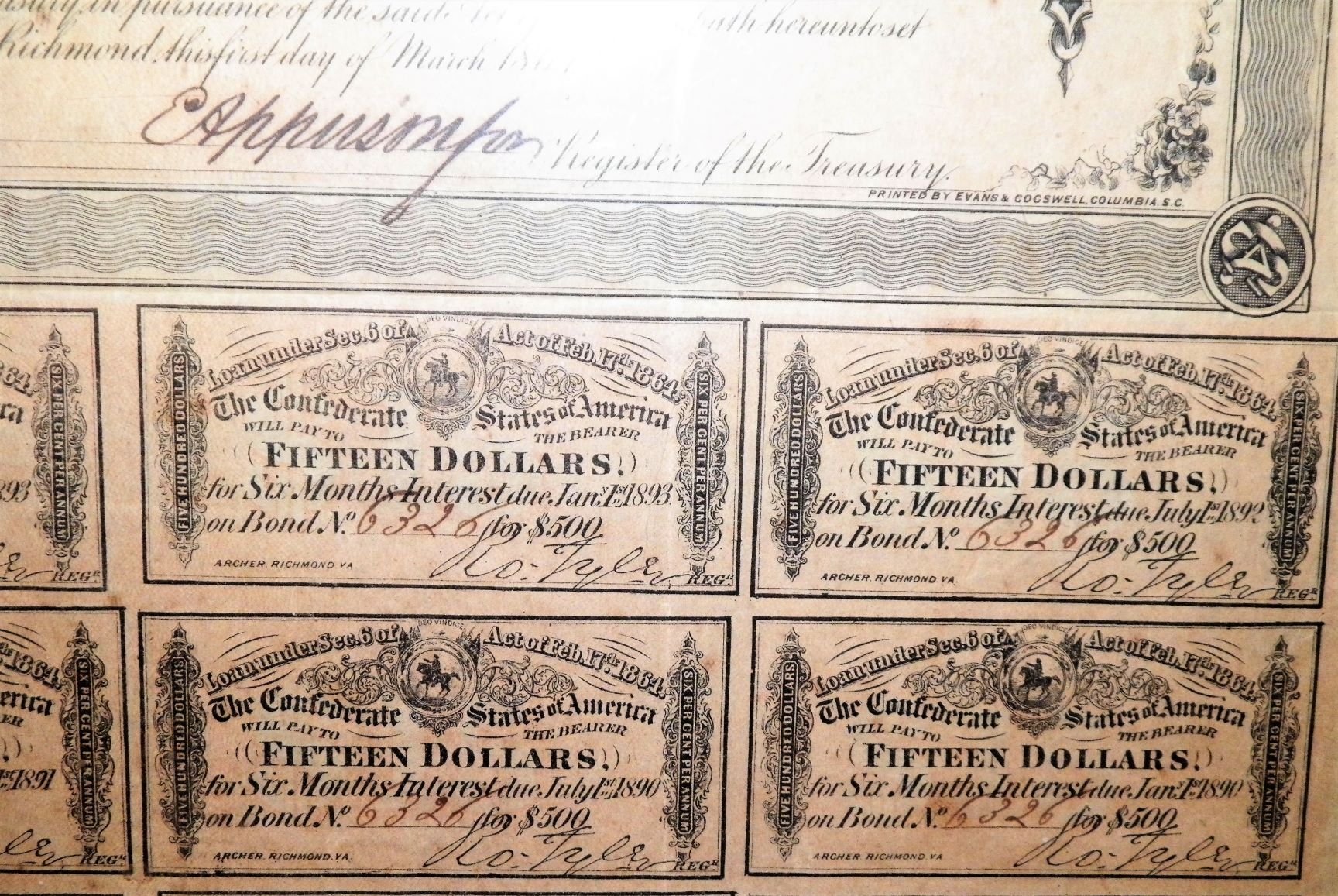 1864 500 CONFEDERATE BOND COUPON SHEET Antiques Board